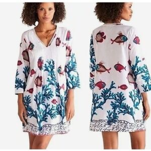 Soft Surroundings Seychelles Tunic Dress Fish‎ Coral Costal V Neck 3/4 Sleeve 2X